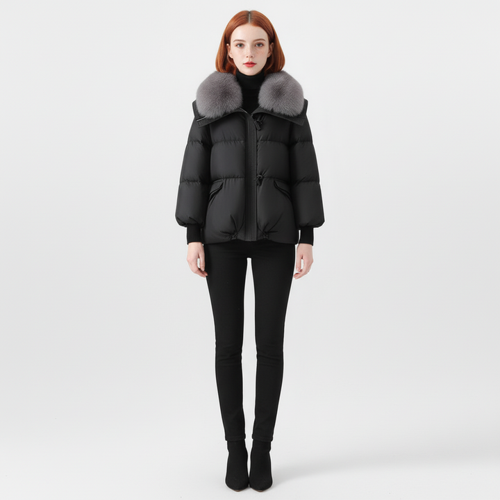 Damska Długa Kurtka Puchowa Z Futrzanym Kołnierzem