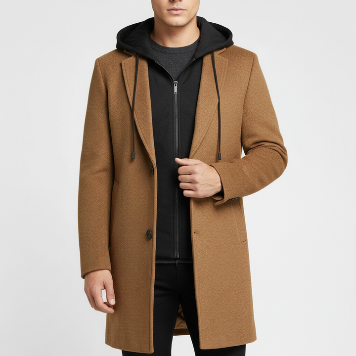 Płaszcz męski z kapturem i kołnierzem