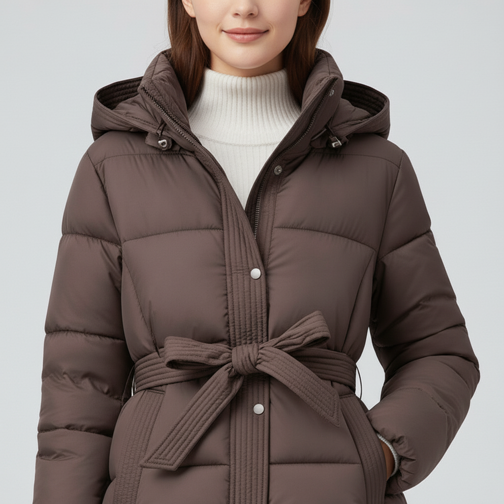 Damska Pikowana Kurtka z Kapturem i Paskiem