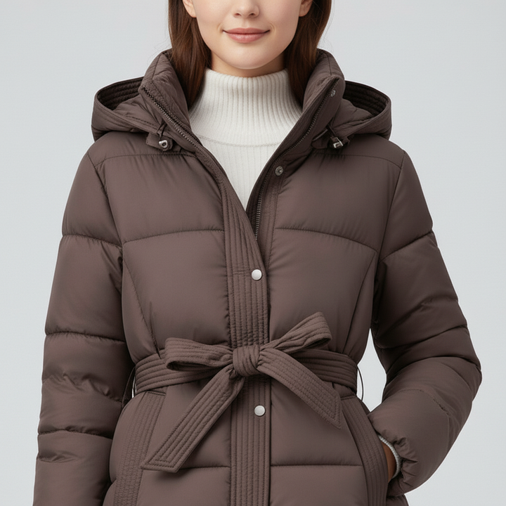 Damska Pikowana Kurtka z Kapturem i Paskiem