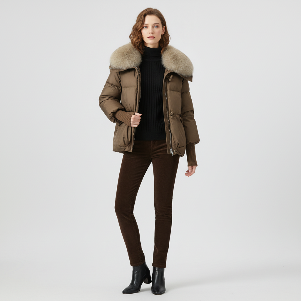 Damska Długa Kurtka Puchowa Z Futrzanym Kołnierzem