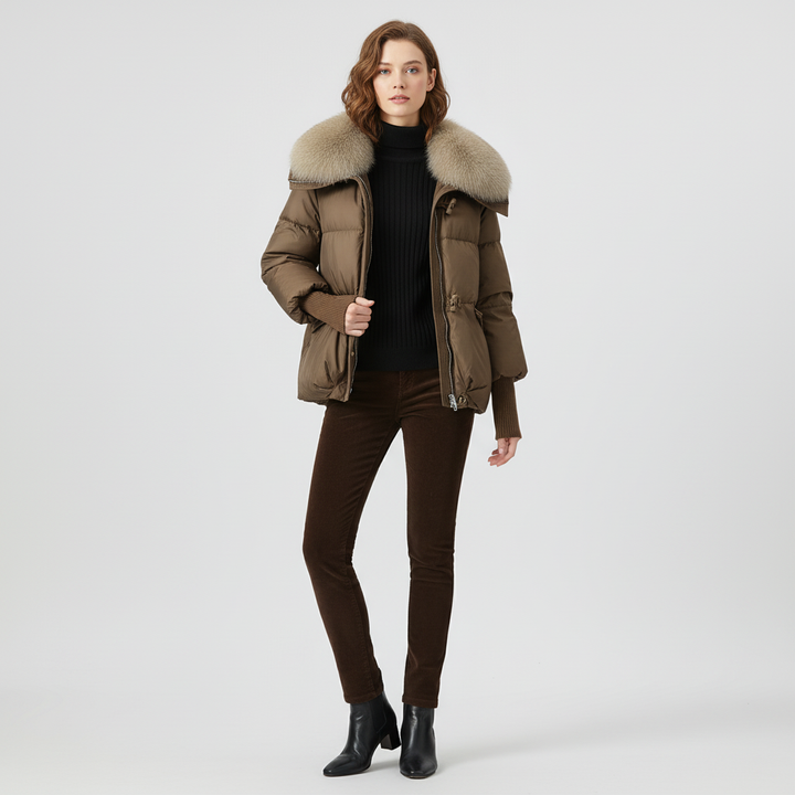 Damska Długa Kurtka Puchowa Z Futrzanym Kołnierzem
