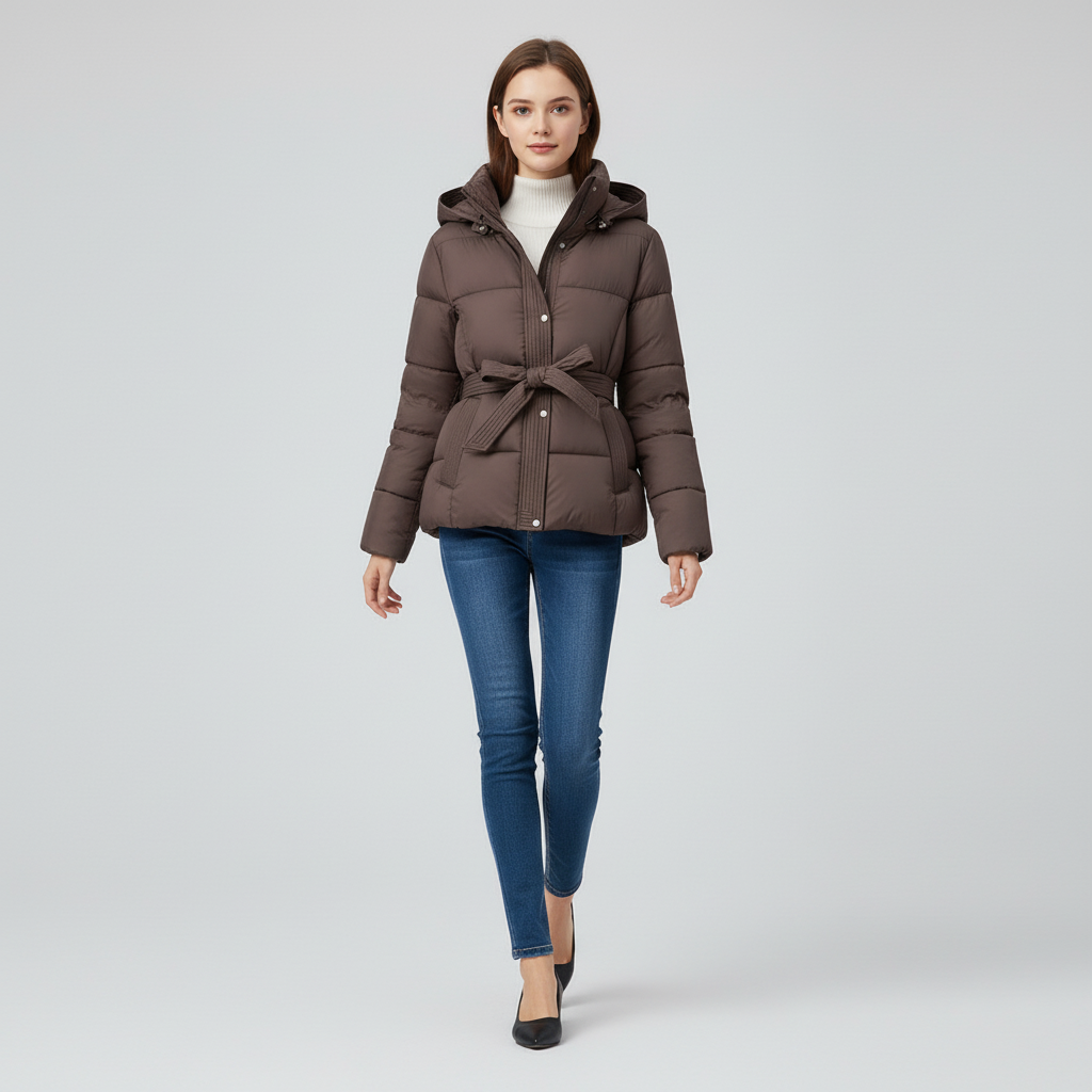 Damska Pikowana Kurtka z Kapturem i Paskiem