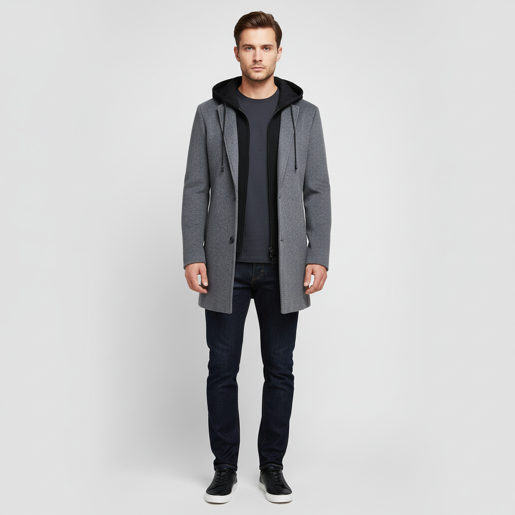 Płaszcz męski z kapturem i kołnierzem