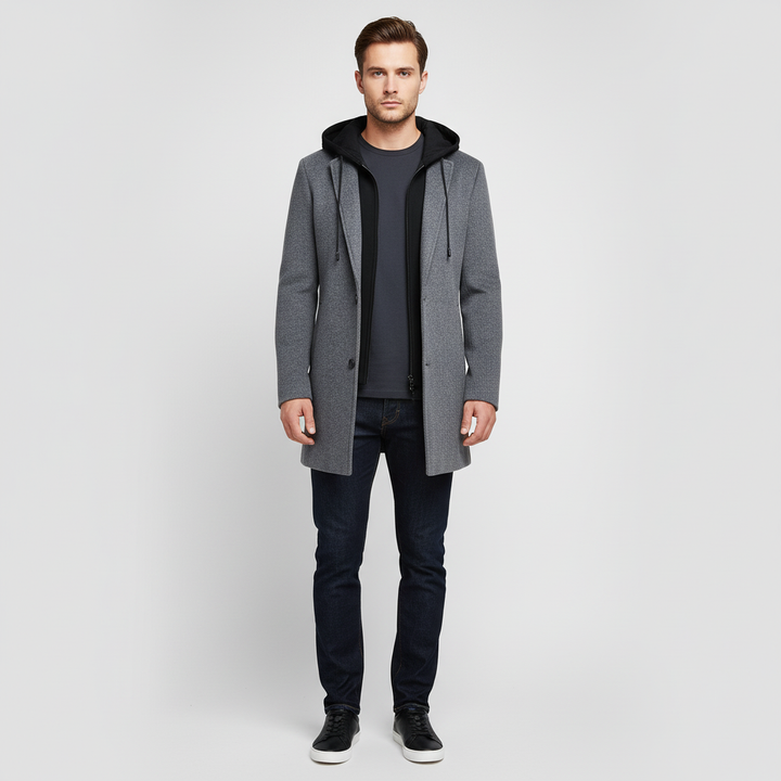 Płaszcz męski z kapturem i kołnierzem