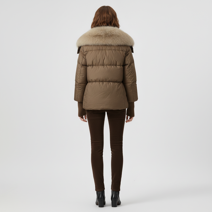 Damska Długa Kurtka Puchowa Z Futrzanym Kołnierzem
