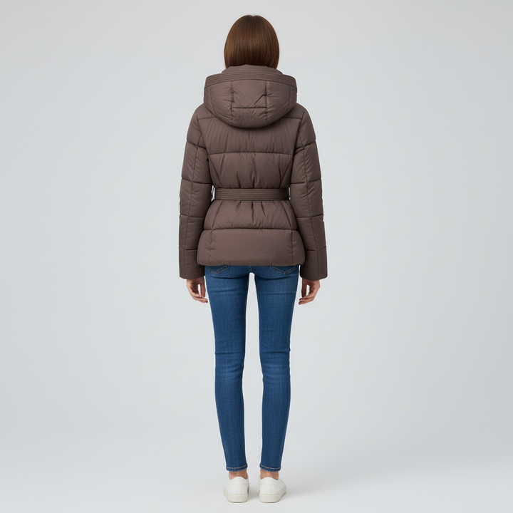 Damska Pikowana Kurtka z Kapturem i Paskiem