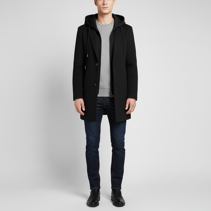 Płaszcz męski z kapturem i kołnierzem