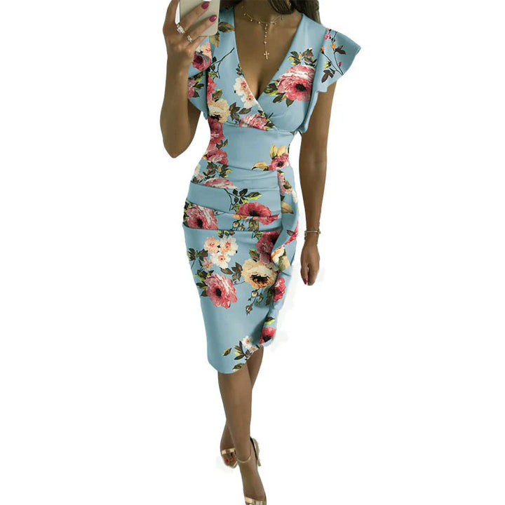 Valentina | Elegancka Sukienka Midi Bodycon Z Falbankowymi Rękawkami