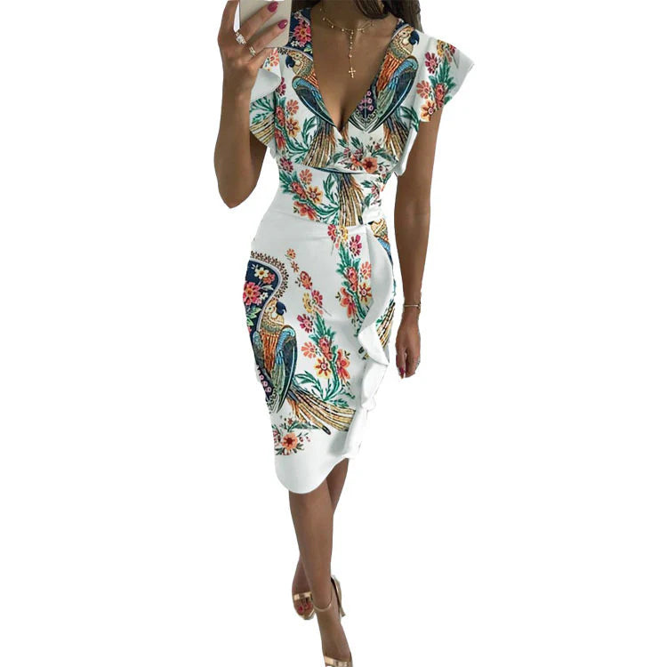 Valentina | Elegancka Sukienka Midi Bodycon Z Falbankowymi Rękawkami