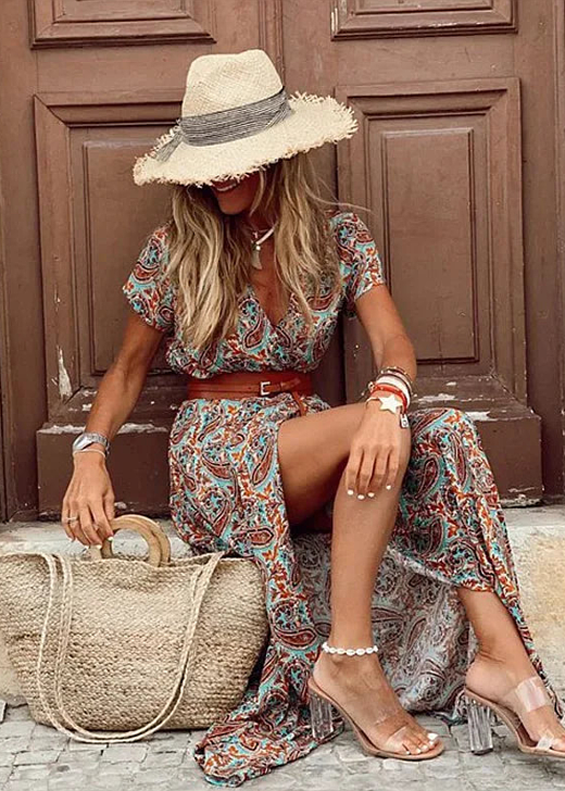 Justyna | Sukienka Maxi Boho Z Paskiem