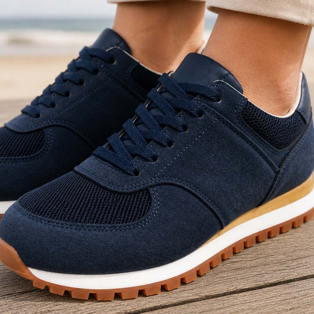 Zbliżenie na wstawki zamszopodobne w sneakersach retro