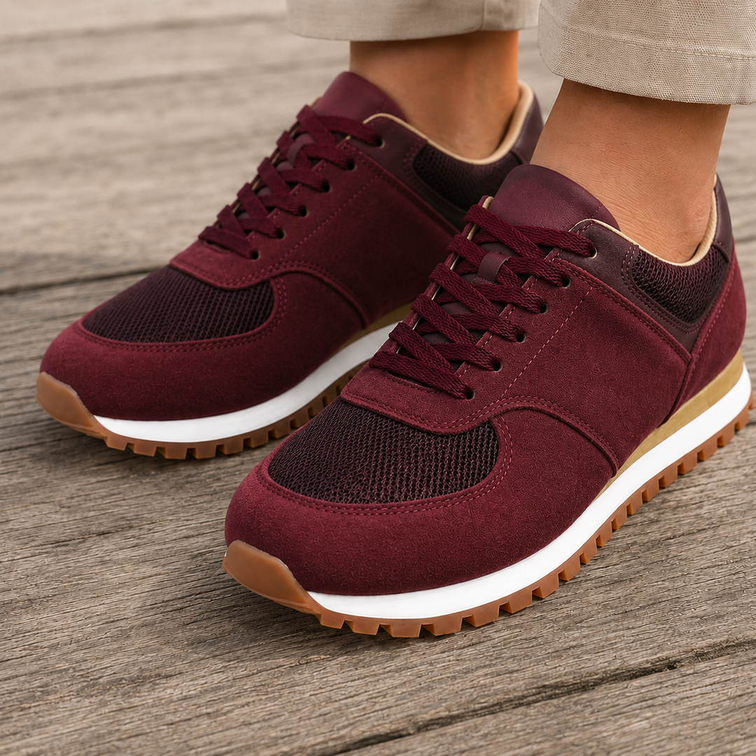 Sneakersy retro prezentowane na stopach w codziennej stylizacji