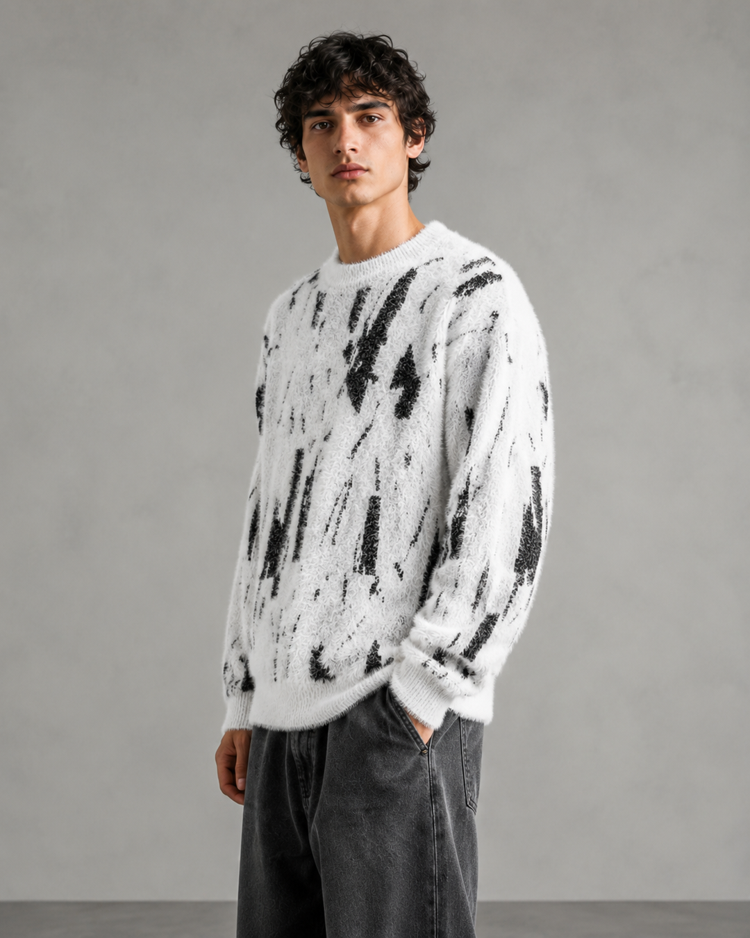 Męski puszysty sweter dzianinowy z abstrakcyjnym wzorem