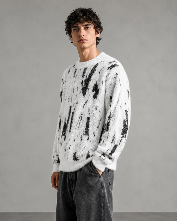 Męski puszysty sweter dzianinowy z abstrakcyjnym wzorem