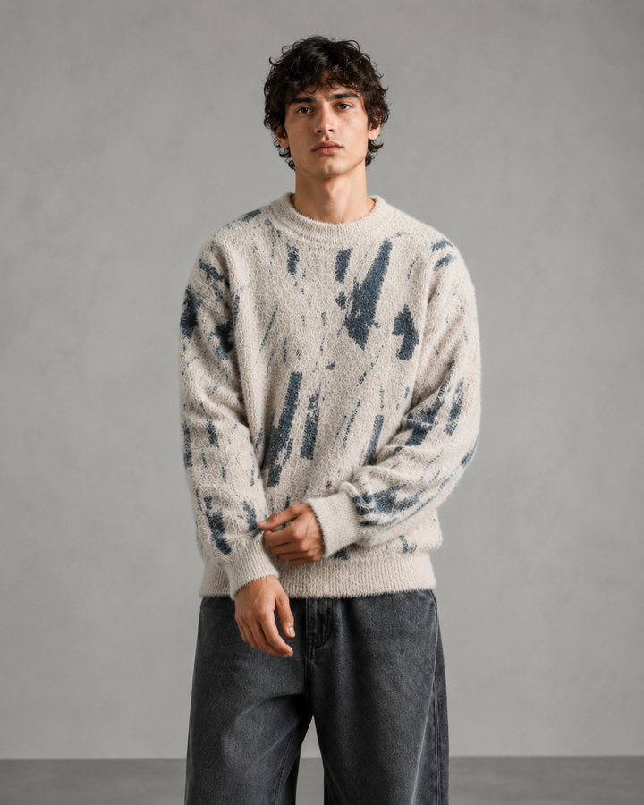 Męski Puszysty Sweter Dzianinowy Z Abstrakcyjnym Wzorem
