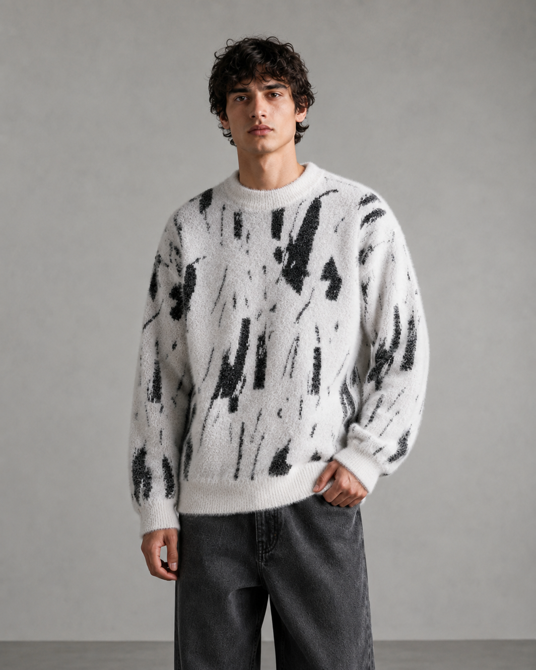 Męski Puszysty Sweter Dzianinowy Z Abstrakcyjnym Wzorem