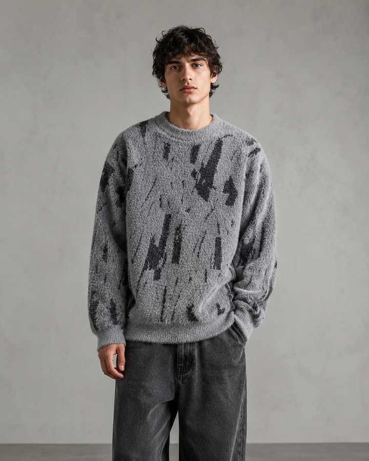 Męski Puszysty Sweter Dzianinowy Z Abstrakcyjnym Wzorem