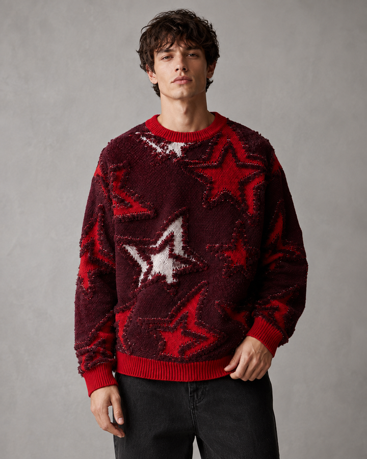 Męski Sweter Dzianinowy Z Teksturowanym Motywem Gwiazd