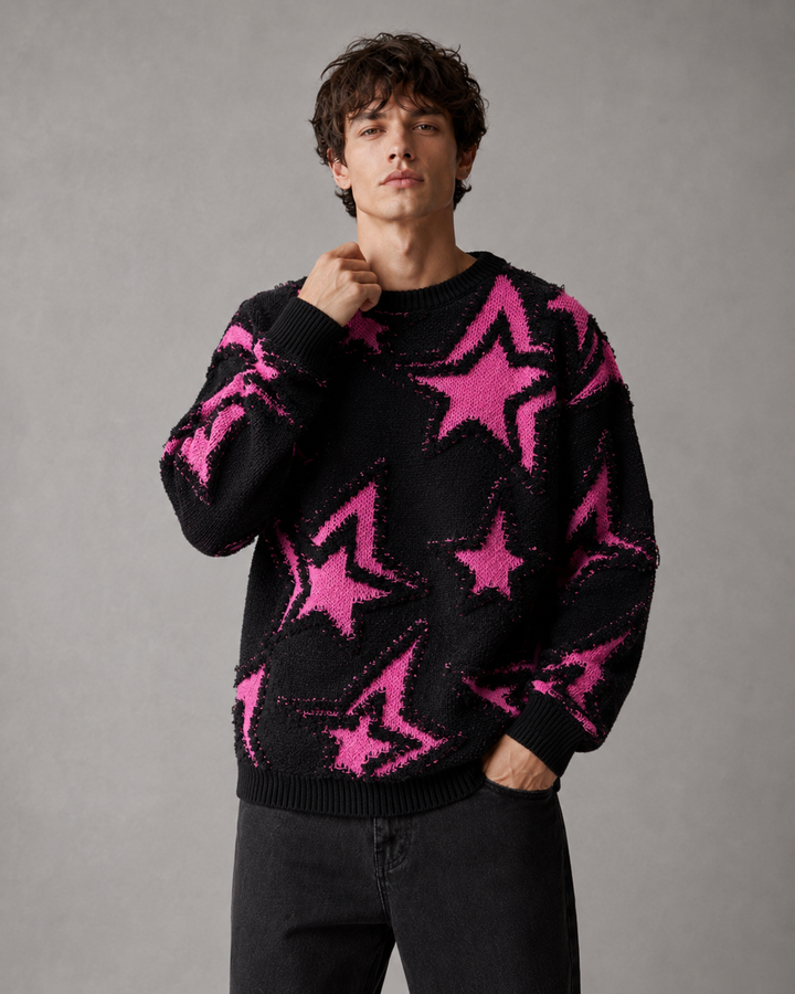 Męski Sweter Dzianinowy Z Teksturowanym Motywem Gwiazd