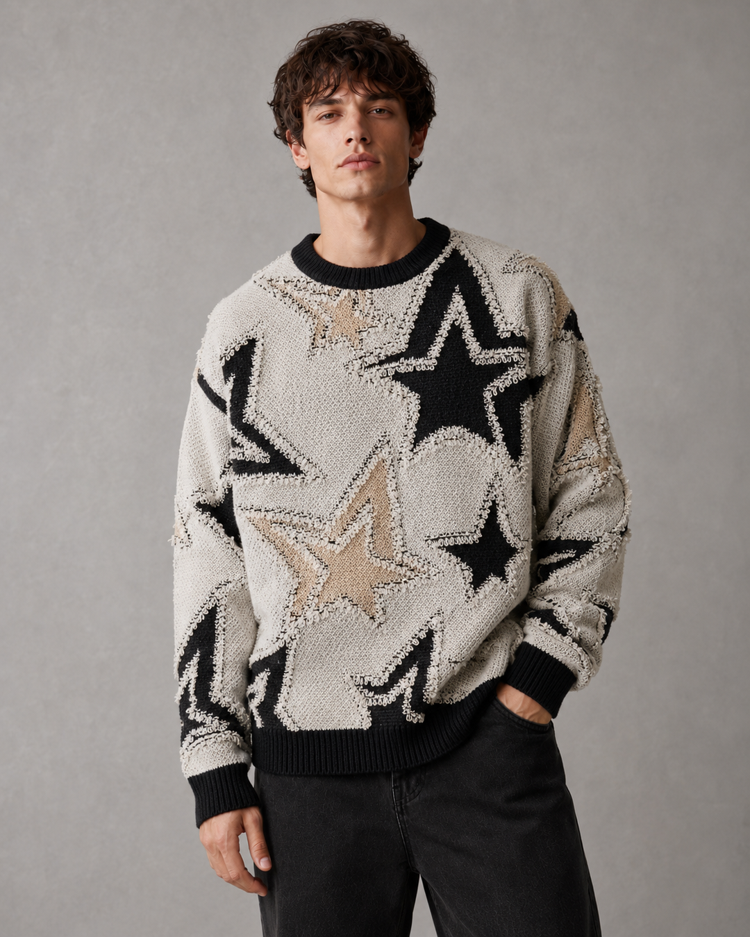 Męski sweter dzianinowy z teksturowanym motywem gwiazd