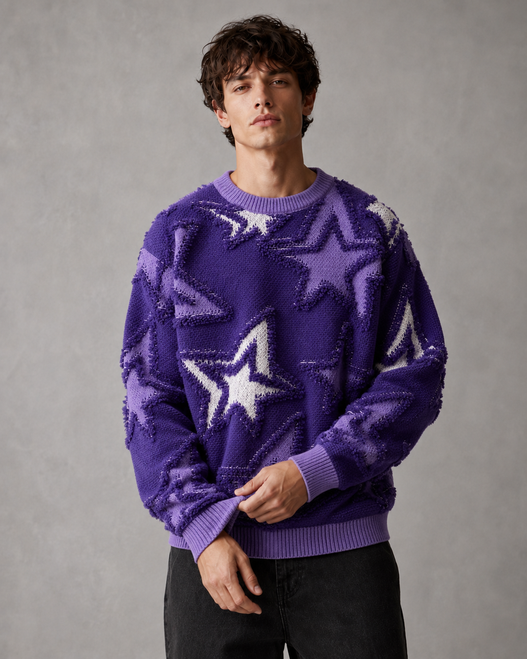 Męski Sweter Dzianinowy Z Teksturowanym Motywem Gwiazd