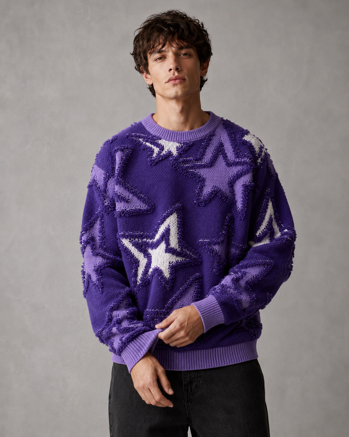 Męski Sweter Dzianinowy Z Teksturowanym Motywem Gwiazd