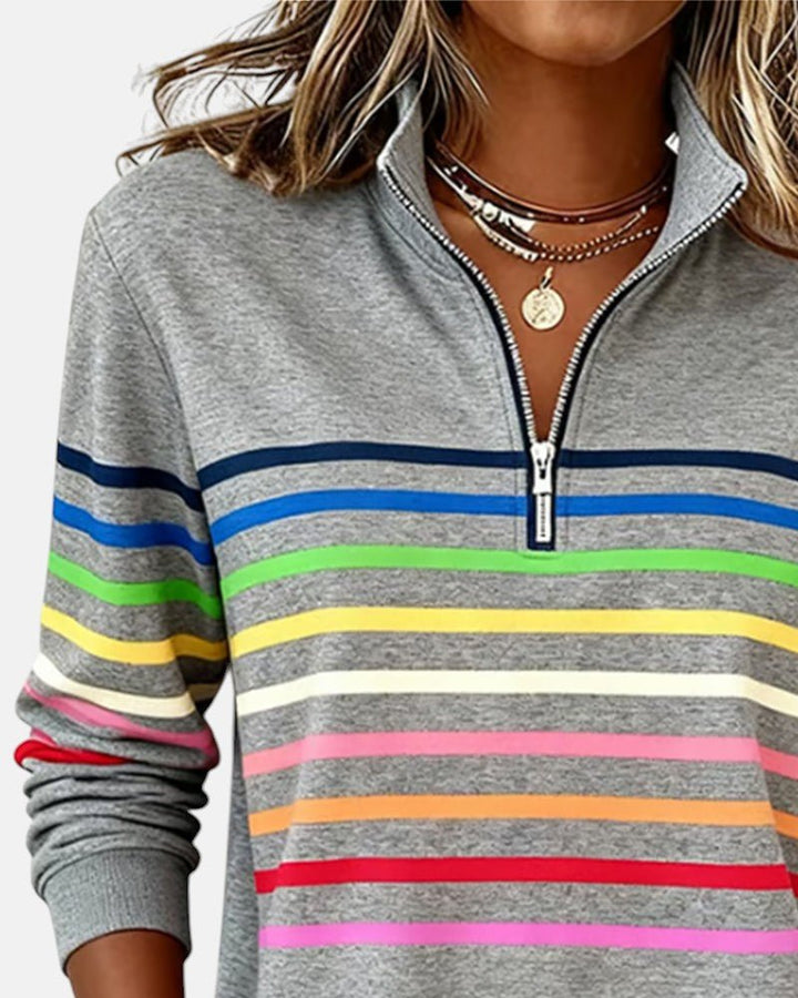 Aurora | Bluza W Paski Z Zamkiem 1/4 I Długim Rękawem