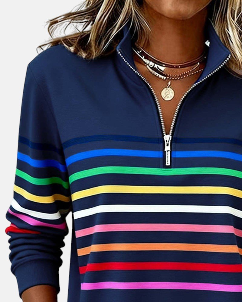 Aurora | Bluza W Paski Z Zamkiem 1/4 I Długim Rękawem